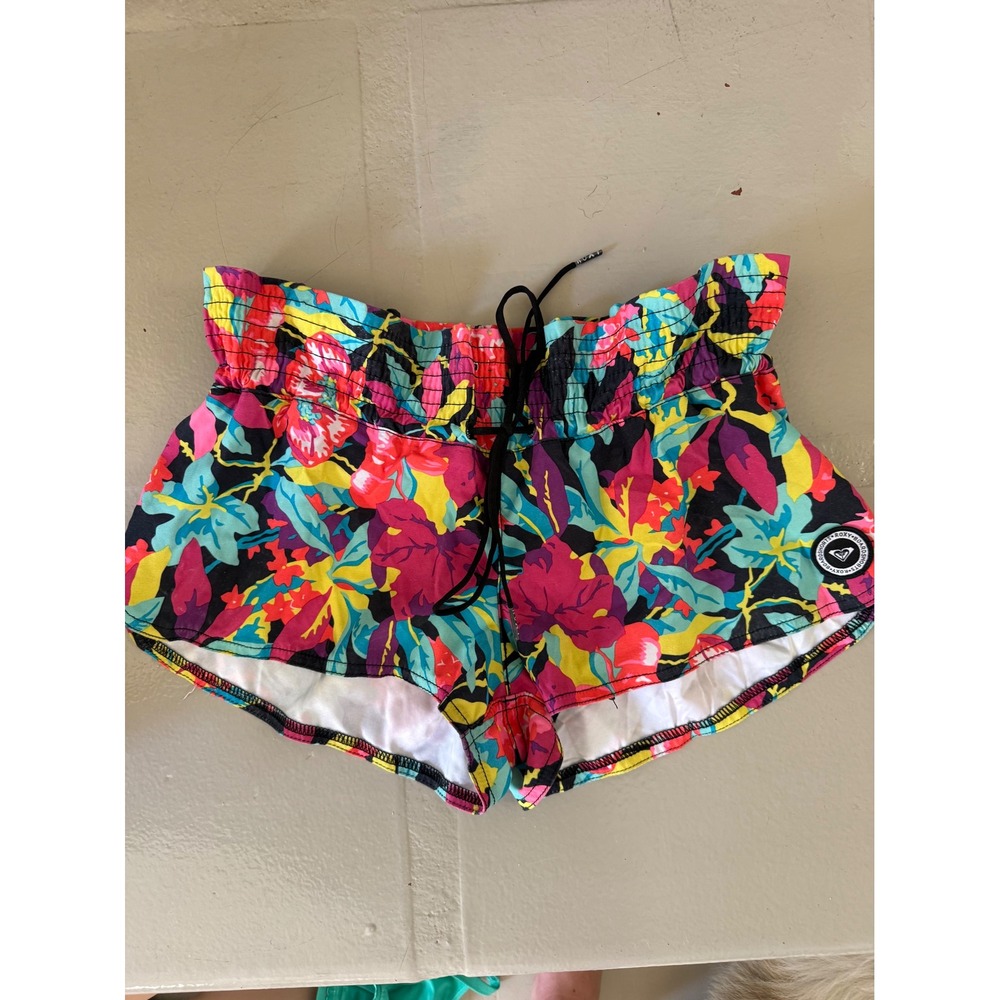 Roxy Womens Floral Board Shorts Black Pink Tropical Smocked Waist Size M